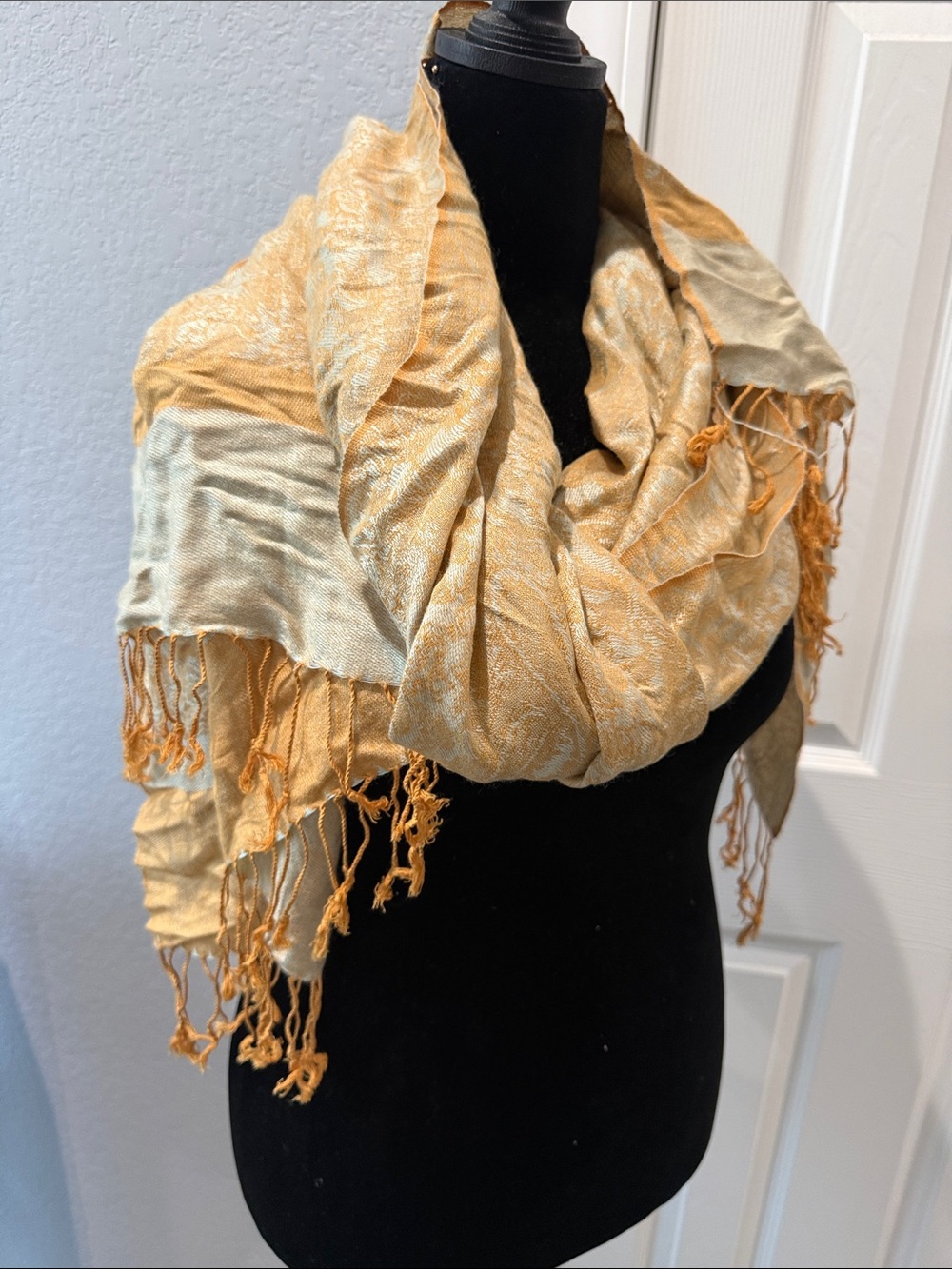 Light Gold Patterned Fringe Scarf - Women Accessories